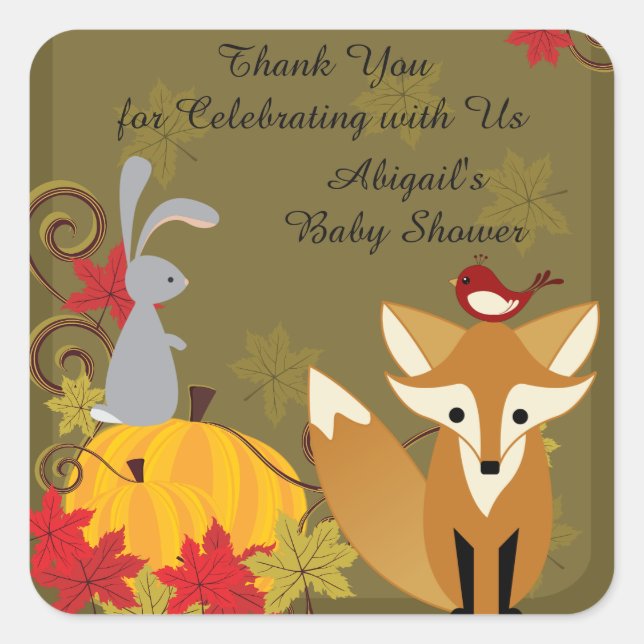 Pegatina Cuadrada Fox y Woodland Animal Fall Baby Shower Gracias (Anverso)