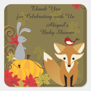 Pegatina Cuadrada Fox y Woodland Animal Fall Baby Shower Gracias
