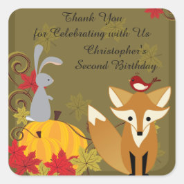 Pegatina Cuadrada Fox y Woodland Animales Caen Cumpleaños Gracias