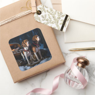 Pegatina Cuadrada Foxhound inglés americano nevado trineo Navidad