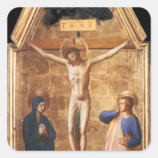 Pegatina Cuadrada Fra Angelico- Cristo crucificado con la Virgen (Anverso)