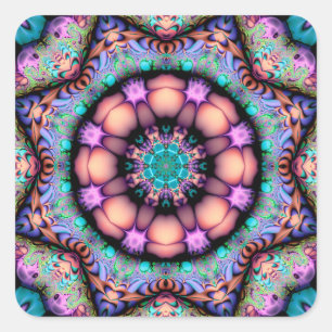 Pegatina Cuadrada Fractal Mandala Floral Psicodelia