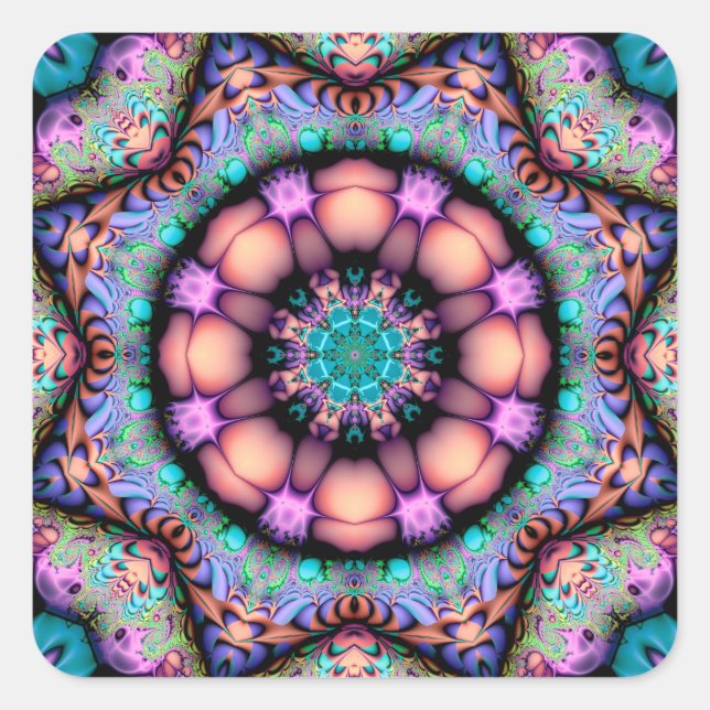 Pegatina Cuadrada Fractal Mandala Floral Psicodelia (Anverso)