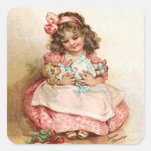 Pegatina Cuadrada Frances Brundage - Chica con muñeca