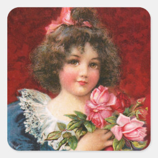 Pegatina Cuadrada Frances Brundage: Chica con Rosas