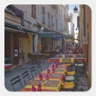 Pegatina Cuadrada Francia, Córcega. Mesas de café instaladas en es