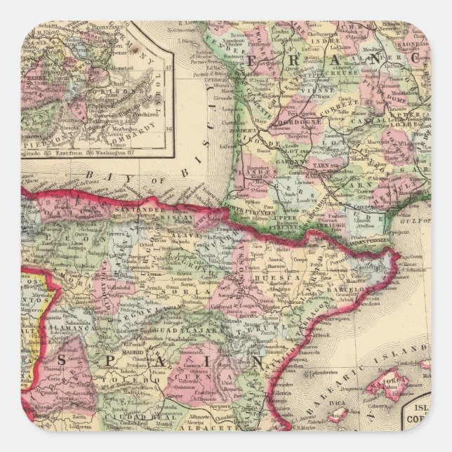 Pegatina Cuadrada Francia, España, Portugal Mapa de Mitchell (Anverso)