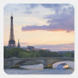 Pegatina Cuadrada Francia, París, barco turístico en el Sena, Eiffel