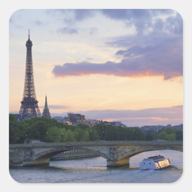 Pegatina Cuadrada Francia, París, barco turístico en el Sena, Eiffel (Anverso)