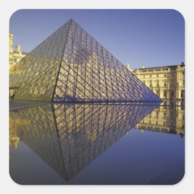 Pegatina Cuadrada FRANCIA, Reflexión de París, Pirámide. El Louvre (Anverso)