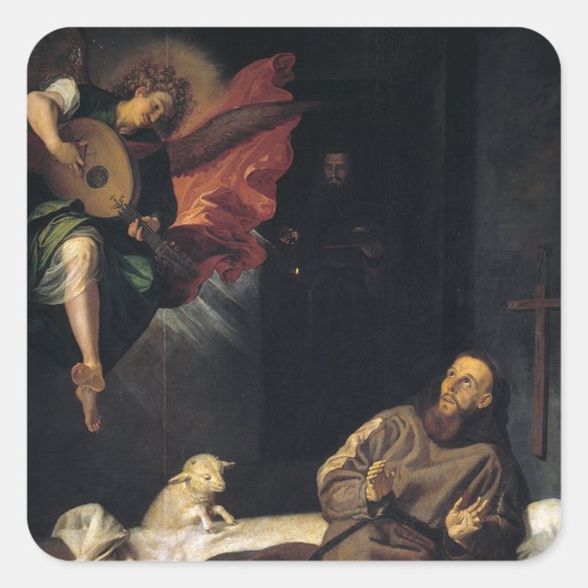 Pegatina Cuadrada Francisco de Asís con música angel (Anverso)