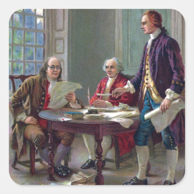 Pegatina Cuadrada Franklin, Adams y Jefferson En Filadelfia 1776 (Anverso)