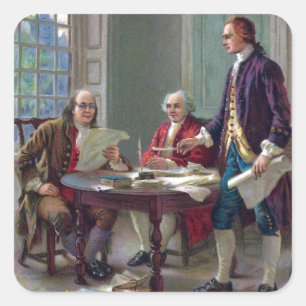 Pegatina Cuadrada Franklin, Adams y Jefferson En Filadelfia 1776