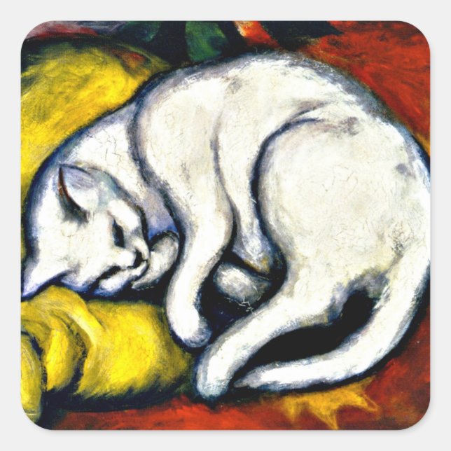 Pegatina Cuadrada Franz Marc - El gato blanco, pintura de arte fina (Anverso)
