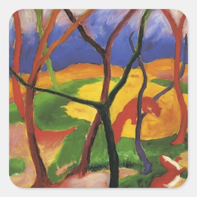 Pegatina Cuadrada Franz Marc - Jugando Weasels (Anverso)