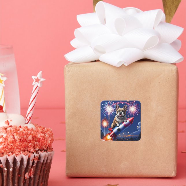 Pegatina Cuadrada Französische Bulldogge Neujahr lustig Rakete (Fiesta)