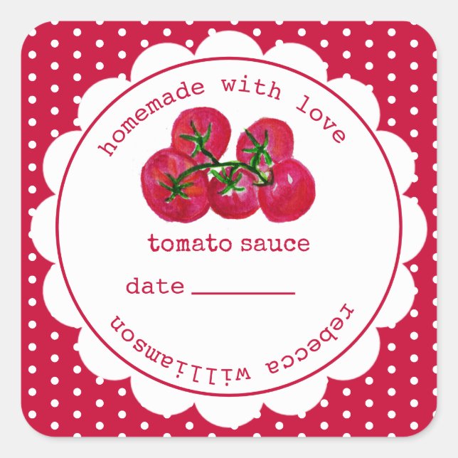 Pegatina Cuadrada Frasco cuadrado de salsa de tomate casera personal (Anverso)