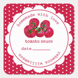 Pegatina Cuadrada Frasco cuadrado de salsa de tomate casera personal