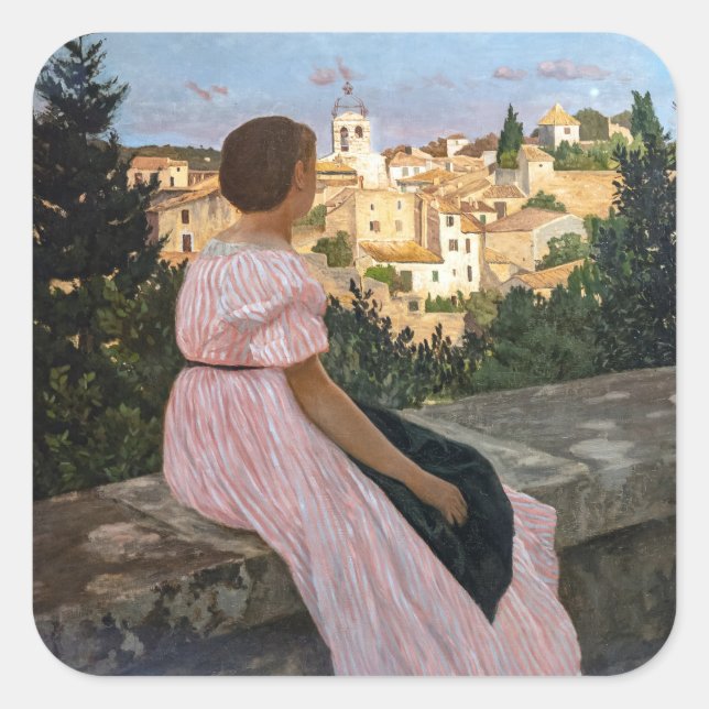 Pegatina Cuadrada Frederic Bazille - El vestido rosa (Anverso)