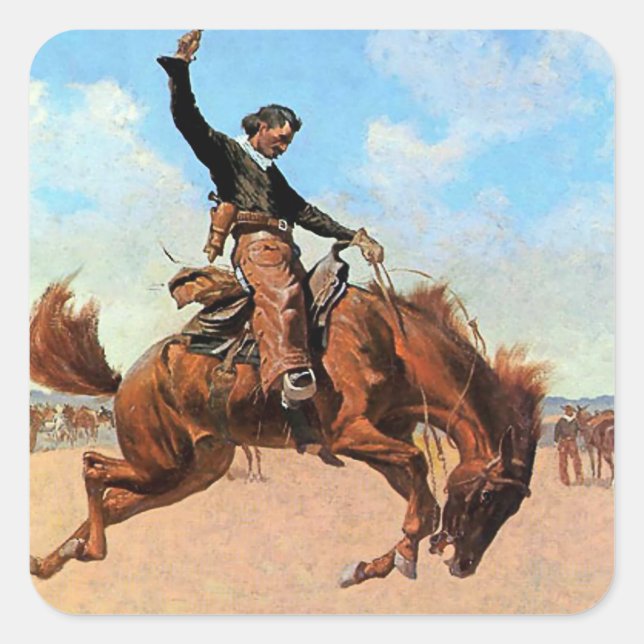 Pegatina Cuadrada Frederic Remington Western Art "The Buck Jumper" (Anverso)