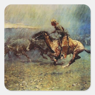 Pegatina Cuadrada Frederick Remington Western Art "The Stampede"