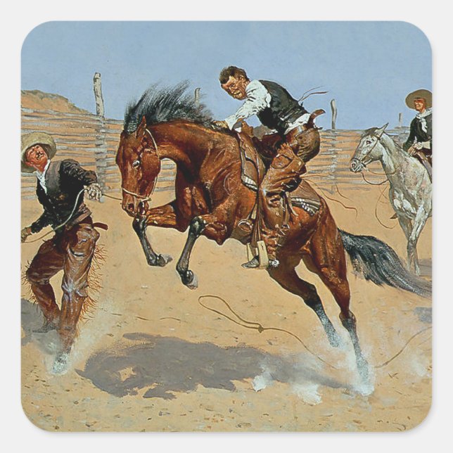 Pegatina Cuadrada Frederick Remington Western Art "Turn Him Loose" (Anverso)