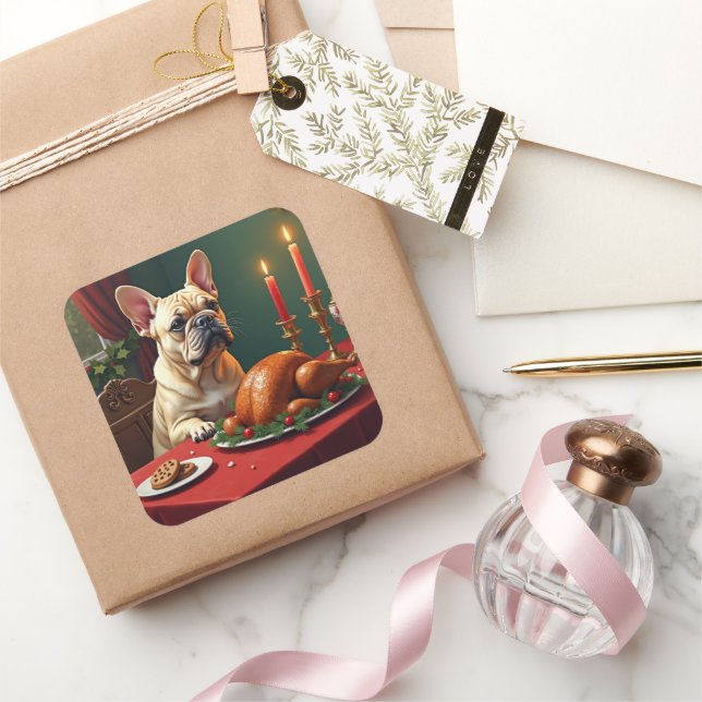 Pegatina Cuadrada French Bulldog Christmas Eve Feast Painting (Regalar)