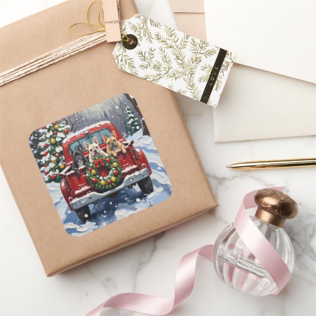 Pegatina Cuadrada French Bulldog Christmas Red Truck Holiday (Regalar)