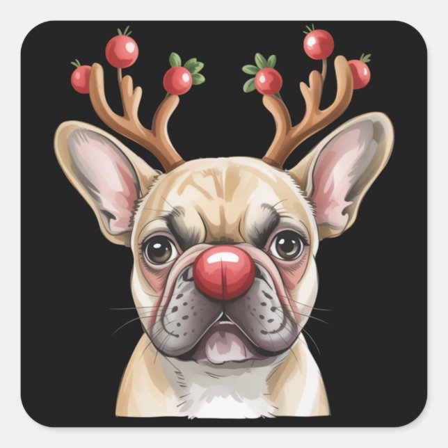 Pegatina Cuadrada French Bulldog Reindeer Dog Lover Christmas Xmas (Anverso)