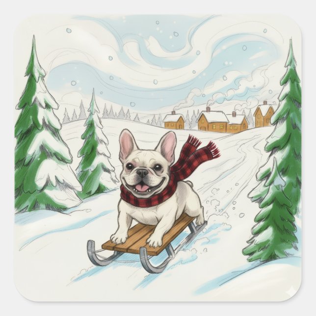 Pegatina Cuadrada French Bulldog Sledding, Stickers (Anverso)