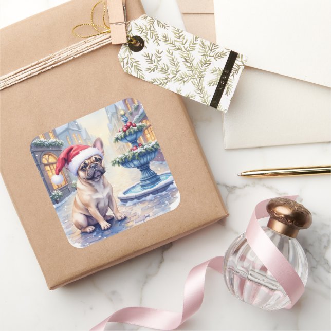 Pegatina Cuadrada French Bulldog Snowy Town Fountain Santa Christmas (Regalar)