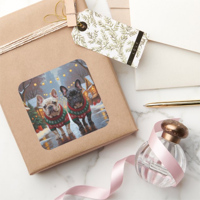 Pegatina Cuadrada French Bulldogs Christmas Snow Holiday (Regalar)
