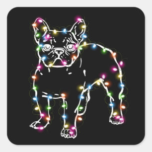 Pegatina Cuadrada Frenchie con Navidades enciende Feliz Navidad