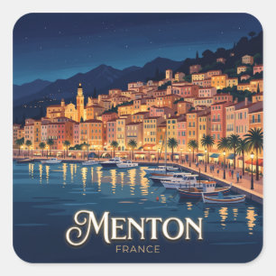 Pegatina Cuadrada Frente marítimo de Menton por la noche Francia