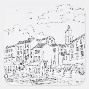 Pegatina Cuadrada Frente marítimo de Saint-Tropez   Riviera francesa