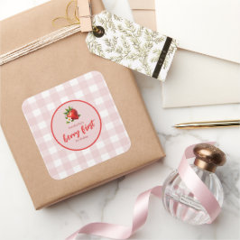 Pegatina Cuadrada Fresa Berry Primer cumpleaños Pink Gingham