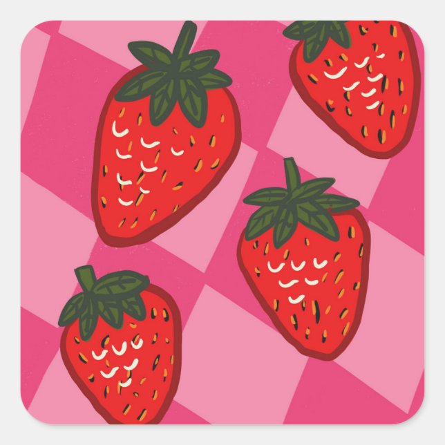 Pegatina Cuadrada Fresa Cuadriculada Dibujada a Mano Rosa y Roja (Anverso)