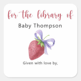 Pegatina Cuadrada Fresa - Ex libris para baby shower, libros para be