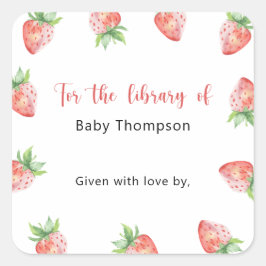 Pegatina Cuadrada Fresa - Ex libris para baby shower, libros para be