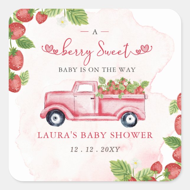 Pegatina Cuadrada Fresa Rosa Berry Red Berry Sweet Baby Shower (Anverso)