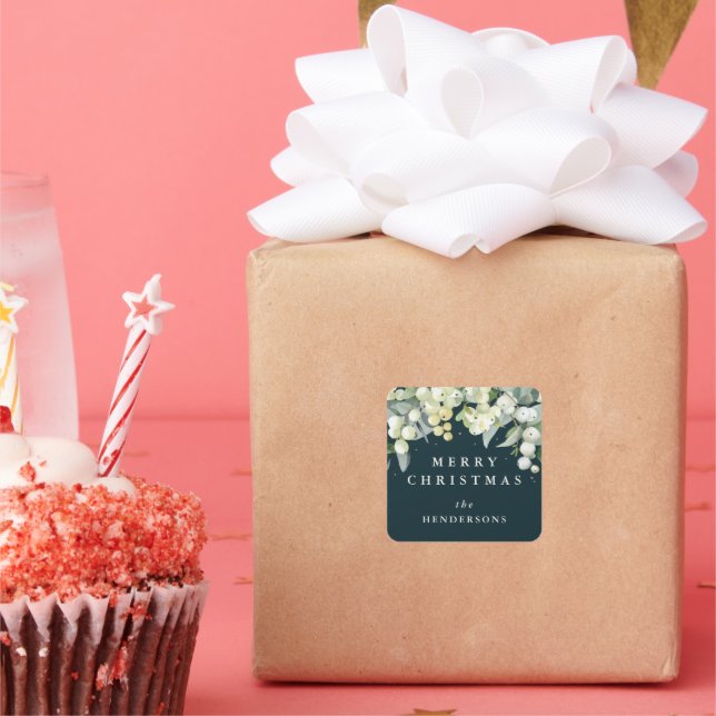 Pegatina Cuadrada Fresa verde + Eucalipto Feliz Navidad/Personalizad (Fiesta)