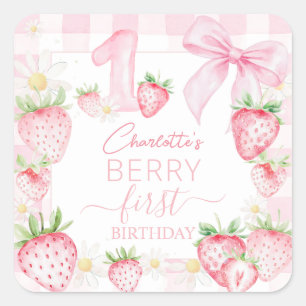 Pegatina Cuadrada Fresas rosadas lindas cumpleaños 1 primer año