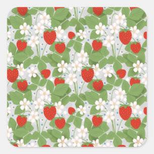 Pegatina Cuadrada Fresas y flores rosas y blancas