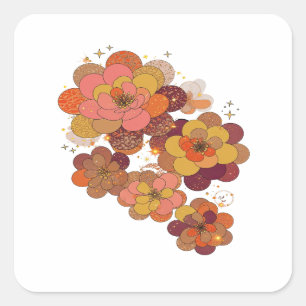 Pegatina Cuadrada Frescas flores naranjas y rosadas con dorado
