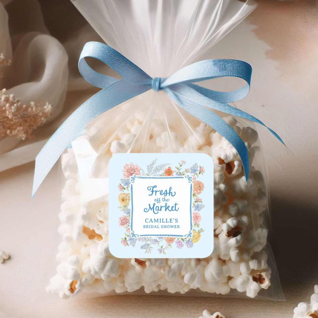 Pegatina Cuadrada Fresco del mercado, ducha azul de novia (Blue Fresh of the Market bridal shower sticker)