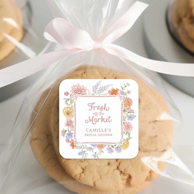 Pegatina Cuadrada Fresco del Mercado Floral Despedida de Soltera  (Fresh off the market bridal shower sticker)