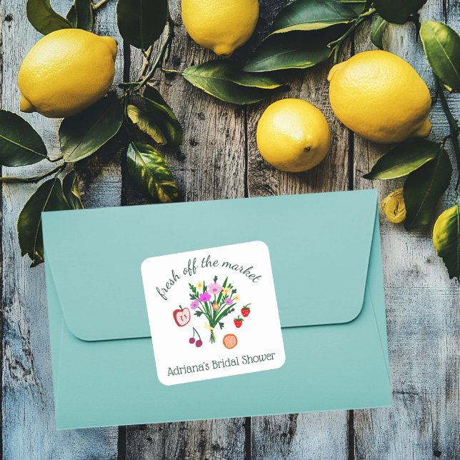 Pegatina Cuadrada FRESCO DIRECTO DEL MERCADO Lindo Bridal Shower Per (FRESH OFF THE MARKET Cute Custom Bridal Shower Square Sticker
)