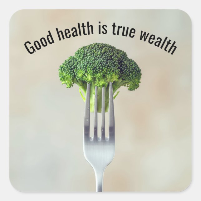 Pegatina Cuadrada Fresh Broccoli Floret On a Fork With Quote (Anverso)