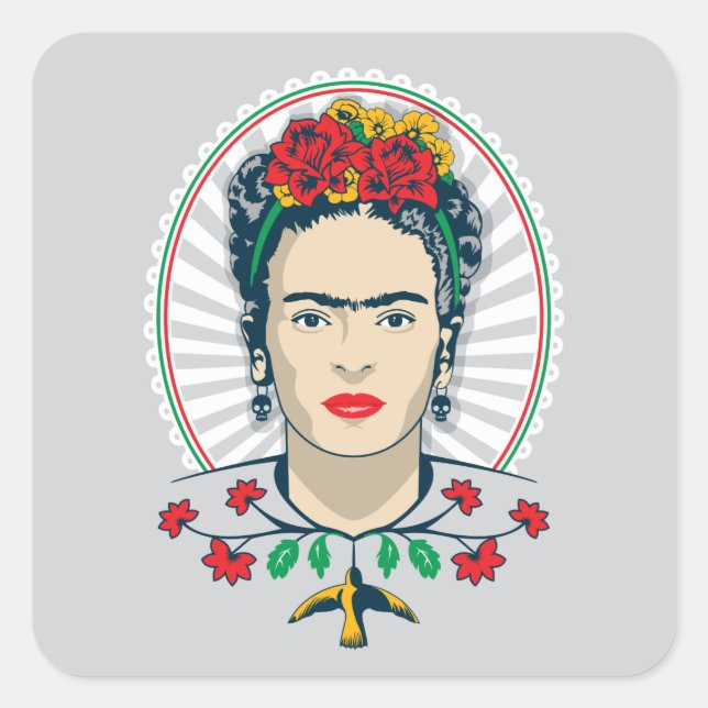 Pegatina Cuadrada Frida Kahlo | Floral de época (Anverso)