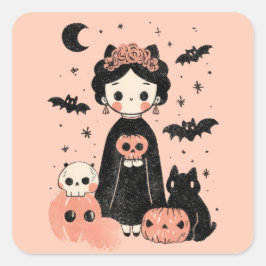 Pegatina Cuadrada Frida Kahlo Pasteloween Pink Spooky Cute Halloween